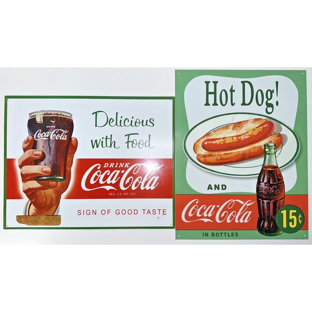 Lot Of 2-Hot Dog and Coca-Cola 15¢ Tin Metal Sign - Coke -Delicious Food - EUC!